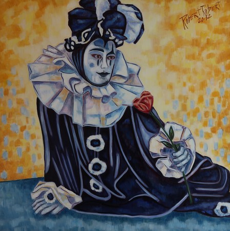 Pierrot a la Rose .Huile sur toile. 80/80 cm