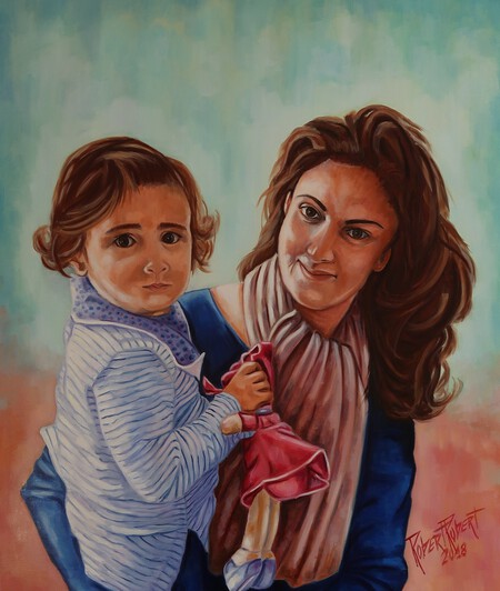 La Mère et son Enfant.Huile sur toile.81/65 cm